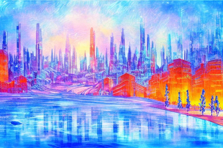 Science fiction city near frozen lake, impressionism painting