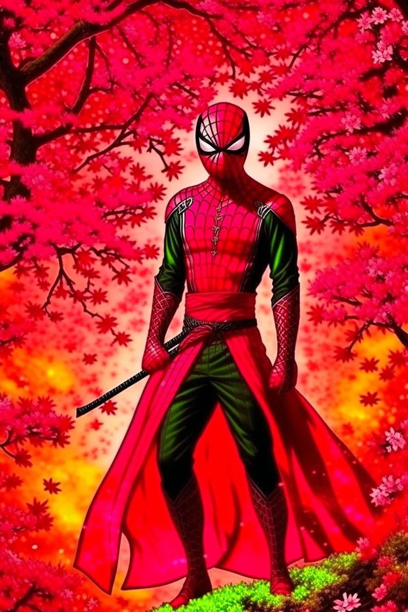 Spider-Man in black and red kimono background the pink Sakura tree