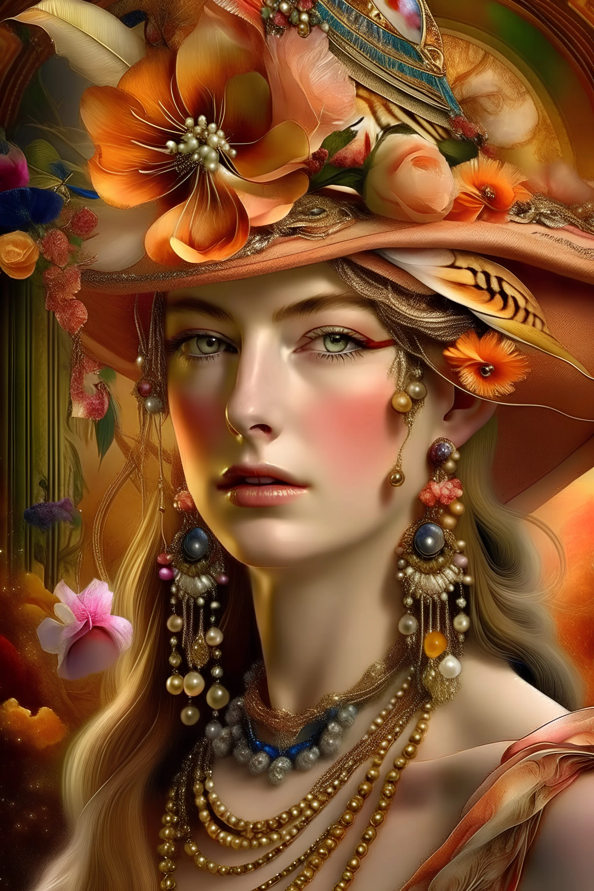 Beautiful face d young lady, adorned with árt Nouveau style tiger lily flower, firelilies pearls liliflower, a hat and. Rose quartz beads colour gradient, Golden dust patina ornate headdress wearing árt Nouveau style floral lily and pearl lace ornate and gold chain effect ed costume organic bio spinal ribbed detail of full árt Nouveau floral background