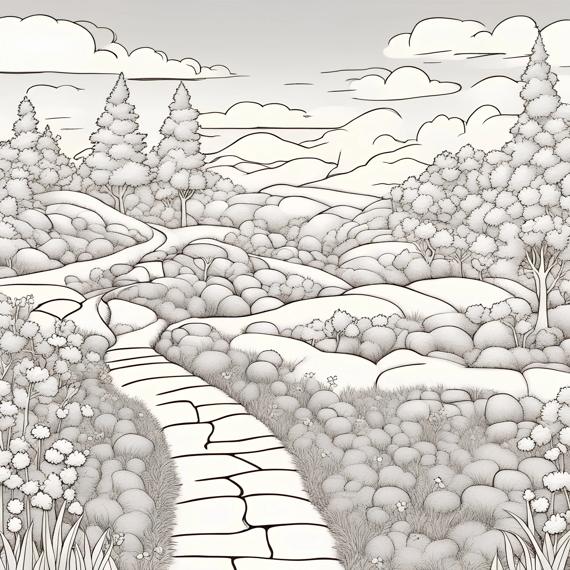 coloring page of A Trails and paths ,line art landscape,stone,cute flowers,cute trees, much details, dark outlines,vector --ar 2:3