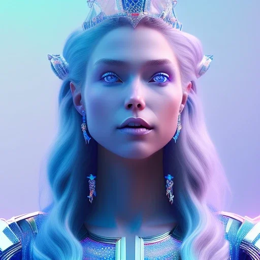 A portrait of a full body crystalised blue pink queen,smiling face, blue eyes, long blond hair, atmospheric, realistic, unreal engine, lighting, octane render.