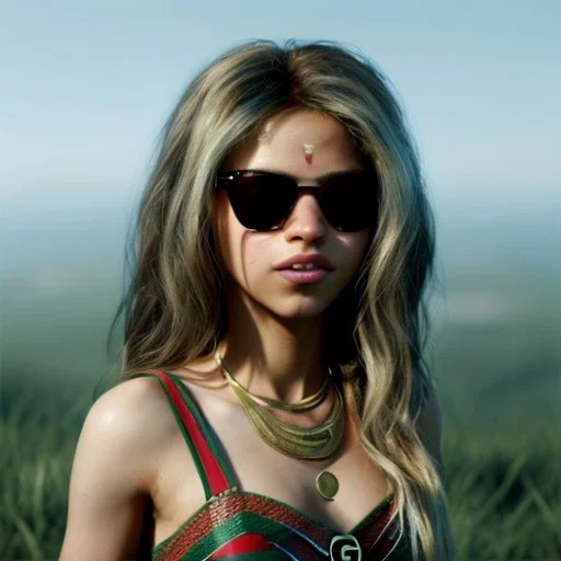 Shakira, artist, 30 years old, Realistic image, waist up portrait, etro style dress. Gucci sunglasses. loose long hair, eyes make up, perfect, glow, circle iris. concept art, smooth, unreal engine 5, god lights, ray tracing, RTX, lumen lighting, ultra detail, volumetric lighting, 3d, finely drawn, high definition, 4k.