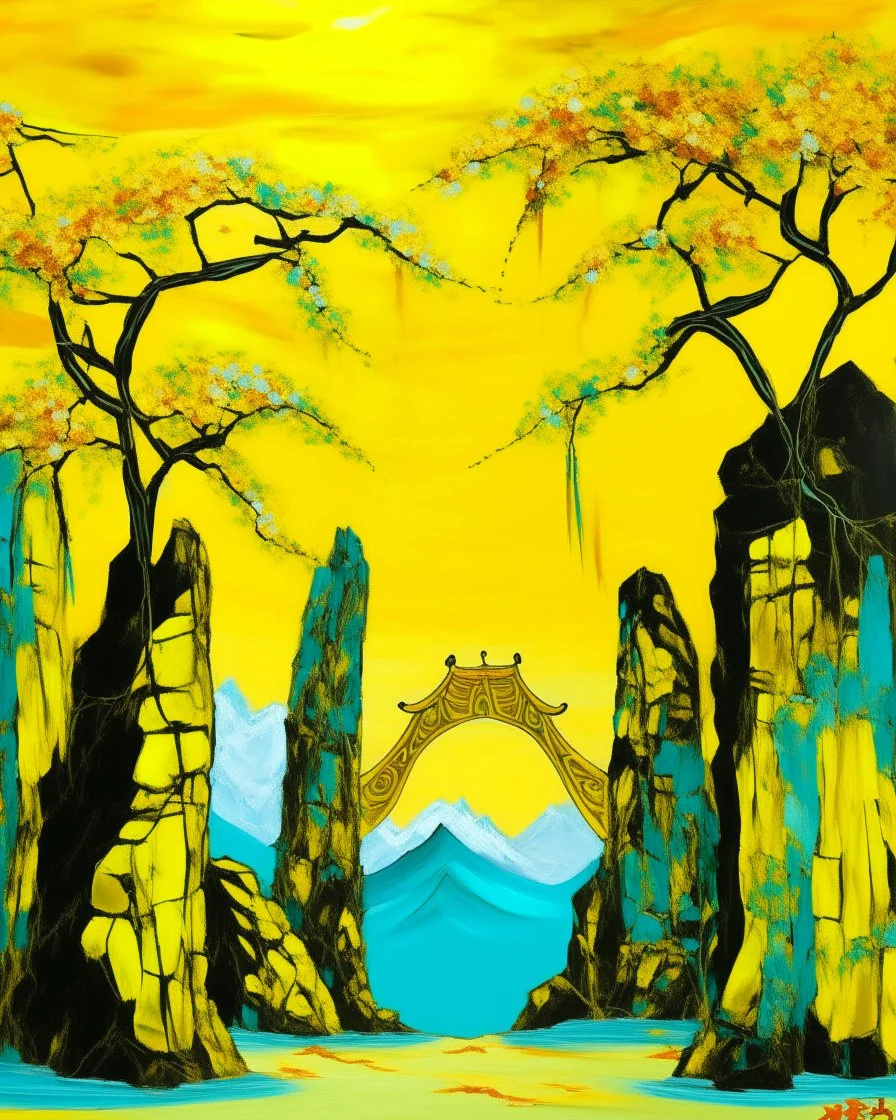 A yellow peak with torii gates in daylight designed in cave paintings painted by Vincent van Gogh