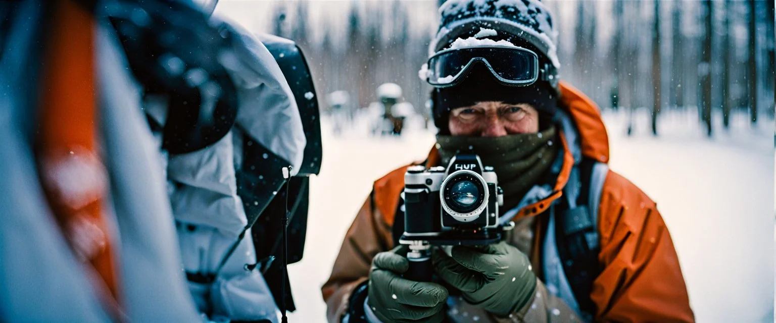 close up documentary photography, Yeti Scientist, Dystopian, Japanese, Extreme depth of field, bokeh blur, winter, blizzard, Alberta, all-natural, in the style of candid, imperfection, natural lighting, Professional shot, shot on Agfa, Fuji Film, Anamorphic lens, 1980s, --ar 4:5 --w 150 --style raw