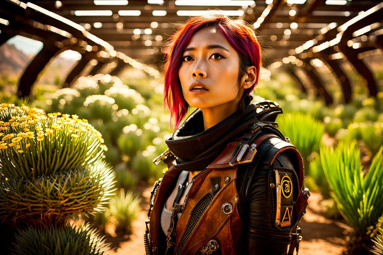 Unground solar punk tunnels, cinematic, dof background a, dystopian, sci-fi, award winning, Yui in a garden, National Geographic, breath taking, oxygen farm but outside is a desert, fantasy, magical