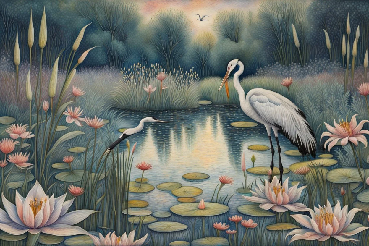Richly textured mixed media layered painting in the styles of Georges Seurat, Samuel Palmer and Georgia O'Keeffe, a dreamy lily pond with wildflowers and lime grass, with a beautiful crane standing in the far background amidst a thicket of cattails. insanely detailed crisp HD quality. metallic pastel colours. Modifiers: Arthur Rackham Paul Klee pen and ink JAMES R. EADS dreamy expressionism 3D shading Edward Gorey metallic colors Esao Andrews Acrylic Pouring hallucinatory dramatic atmosphere and