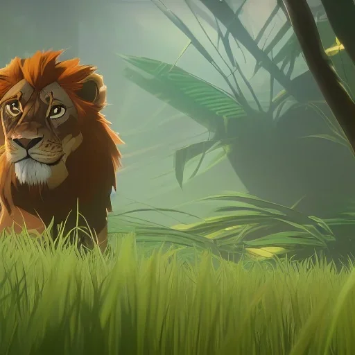 behind the tall grass in the jungle hides a cute lion.