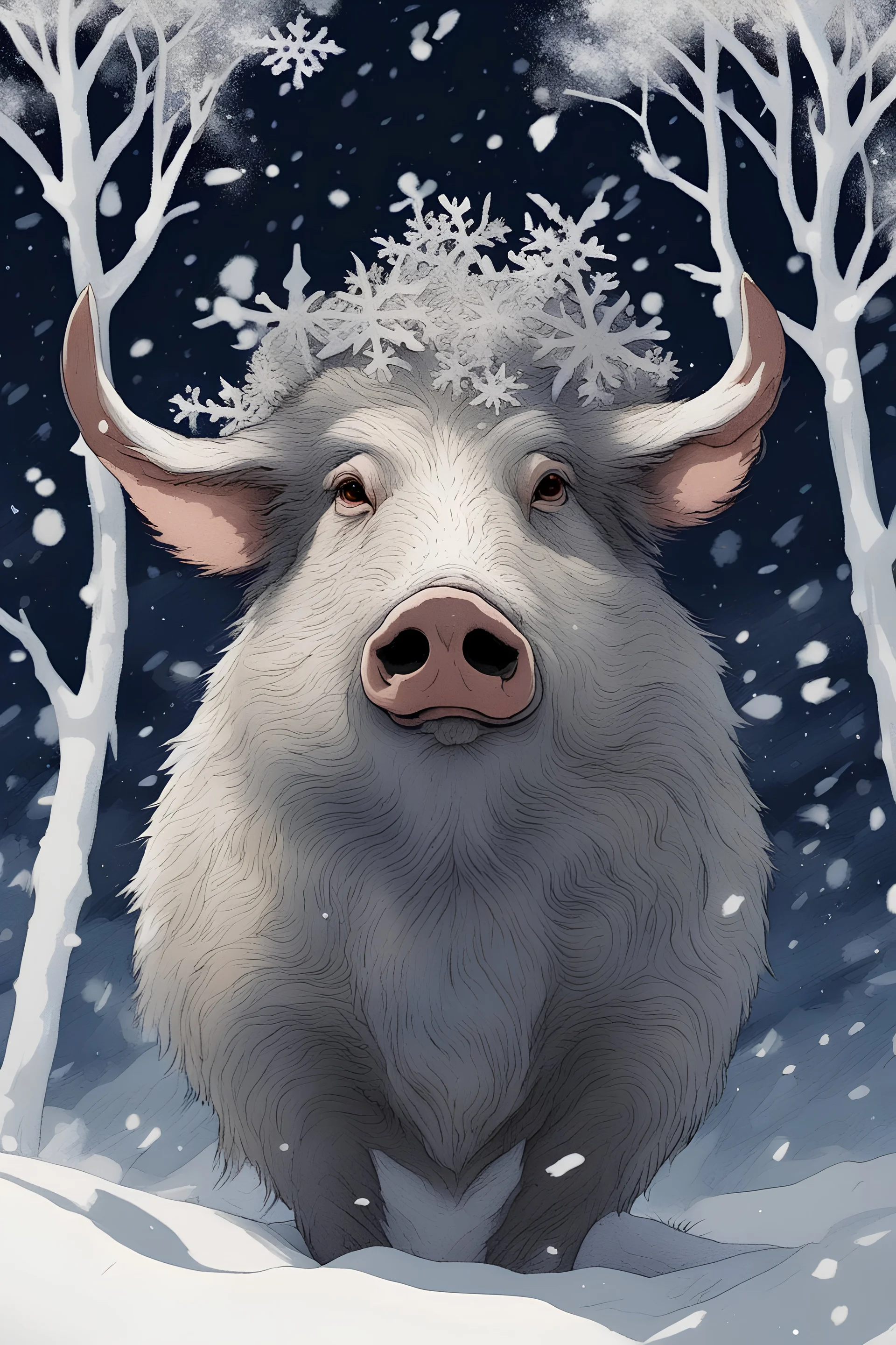 the head boar buried in the sparkling powdery snow surrounded by falling snowflakes, in front of the night sky