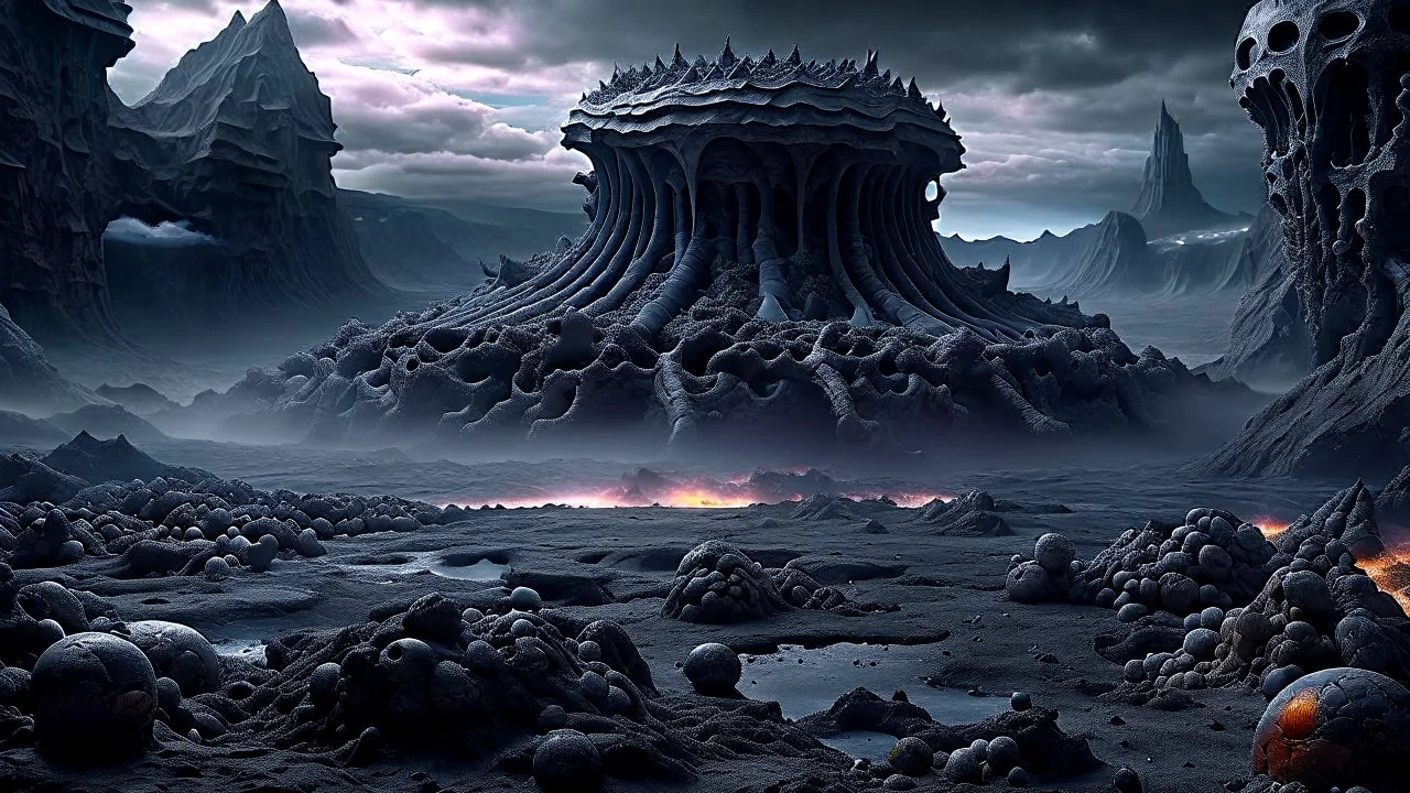 an apocalyptic landscape covered in dark gray dust. bones everywhere. a massive crater. coast of ocean. dark grey mist. seen from the ground. h.r. giger. so much horror. no trees. no fire. no glow. cinematic lighting, hyperrealistic, splash art, concept art, mid shot, intricately detailed, color depth, dramatic, colorful background