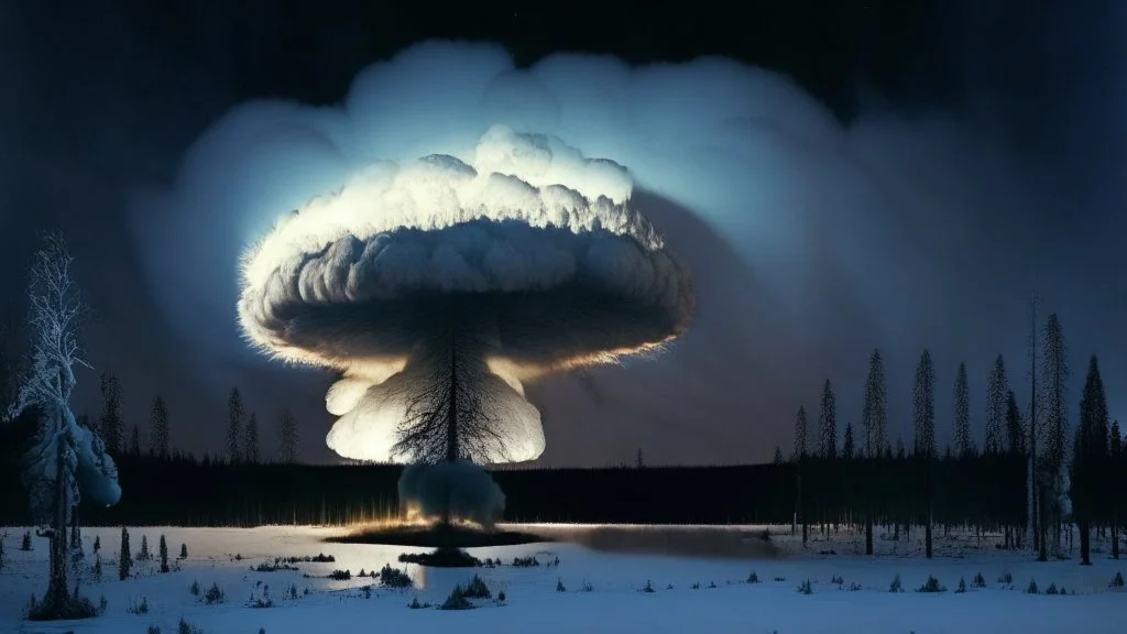 Tunguska event,NIGHT, Siberia scenery,taiga forest,winter, fozen river,heavy clouds, consisting of tall trees and dense vegetation, a mushroom-shaped cloud rises into the sky. The cloud is depicted as a massive column of smoke, dust, and debris, ascending vertically and spreading out at the top, forming a distinctive mushroom-like shape, a barren and desolate scene, with charred remnants of trees scattered across the scorched earth, high resolution photo 24K, high quality, ultraHD, cinematic lig