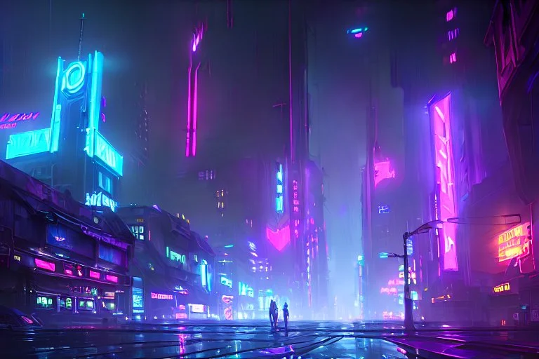 Cyberpunk district with giant foggy skyscarpers, cars, FoV: 100, HD, Unreal Engine 4, Blade Runner 2049, heavy rain, rainy streets reflection, neon signs, low contrast, grainy, less color, titanfall,