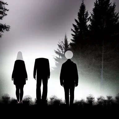 three figures, silhouettes, dark, foggy weather, night, forest, black, horror, art, evil, dark effect, trees, more trees, deep forest, eyes on face, different height,