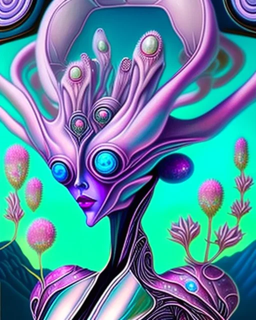 an ethereal alien creature with three eyes, with several extra limbs and slender composition, is i transitioning wild landscape full of flowers , highly polished, chrome airbrush style, dreamlike composition, color penciling color palette, surrealistic retro-futurism, fantasy, vintage scifi, psychedelic aesthetic, Camilla d'errica, pop surrealism, highly detailed, arthur lismet, artstation, 1960s psychedelic drawing, smooth