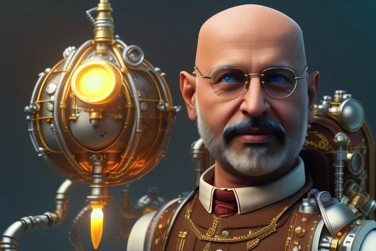 portrait of a bald and shaved Atul Bhardwaj building lego, steampunk, brown eyes, no facial hair, steampunk, unreal 5, octane render, cinema4d, dynamic lighting, soft lighting, 4k, redshift render, highly detailed, hyper realistic