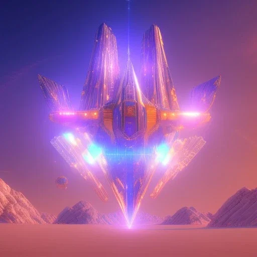 a crystalised blue pink spaceship, gold, diamonds, lightbeams, cosmic background, atmospheric, realistic, unreal engine, 8k. Cinematic lighting, octane render.