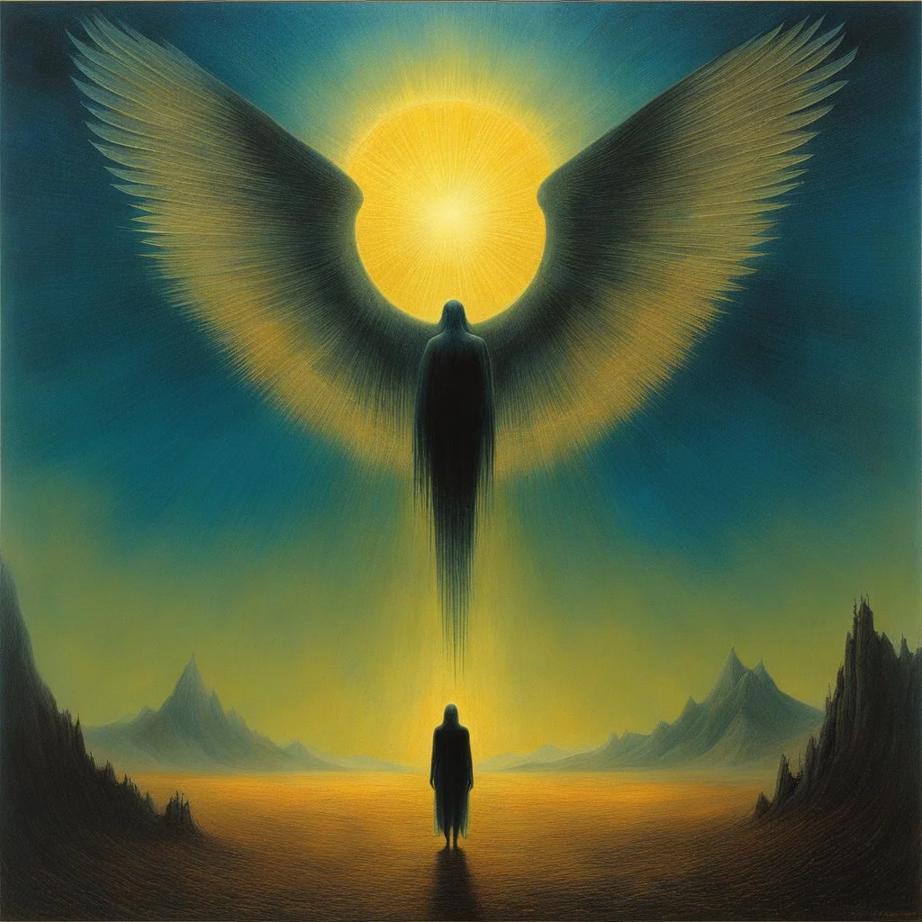 [art by Zdzisław Beksiński] In the ethereal stillness of the celestial realm, Metatron, the chief of winged angels, descended. His radiant wings shimmered like starlight, casting a celestial glow across the heavens. Suddenly, a tremor rippled through creation. God struck the three hundred and ninety heavens, and they quaked in reverent awe. From His eyes, tears flowed—hot as molten fire—cascading down like fiery rain into the vast ocean below. The waters stirred, roiling with sorrow as waves ign