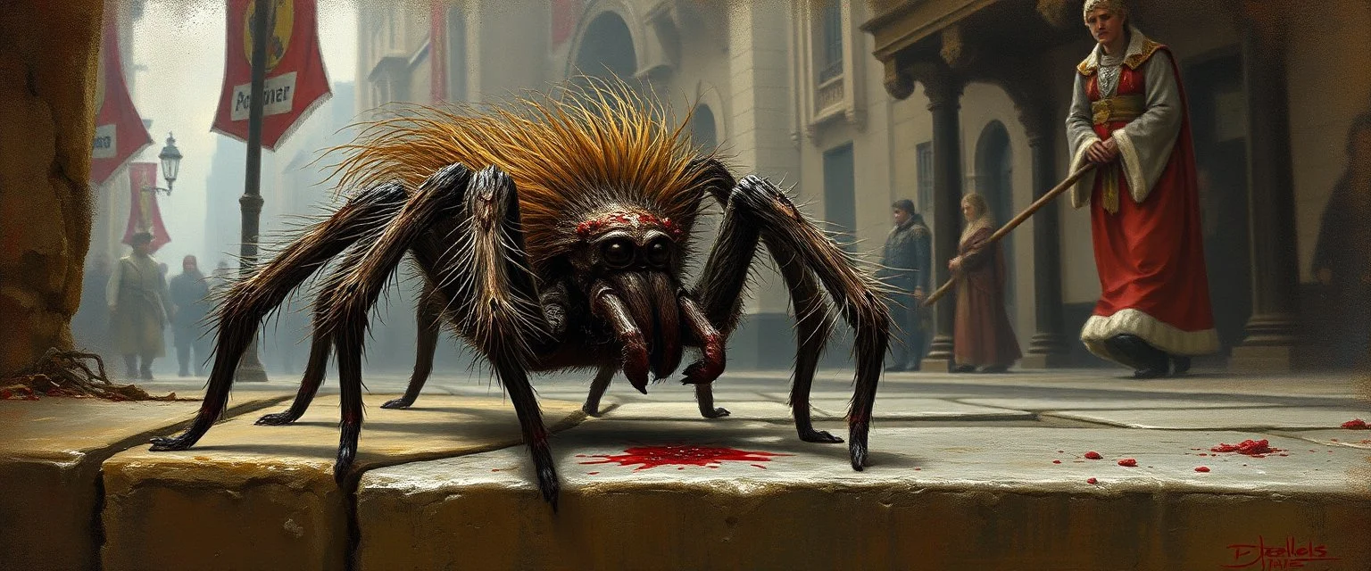 portrait of a hairy rock star spider, fantasy art, style of Rembrandt,Dead drop discovery: While walking, a party member stumbles upon a small, blood-stained package hidden in a gutter. It contains a coded message to a cult of the Dead Three. 9-10 Parade of the Patriars: A noble's procession blocks the street. The crowd is forced to bow, and guards roughly shove anyone who doesn't move quickly enough.