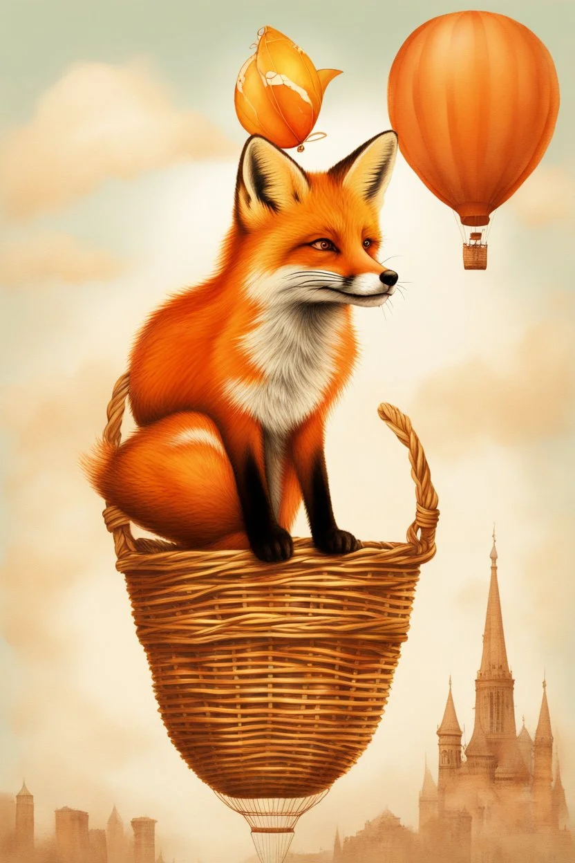 Color illustration of a ultra photo realistic happy red fox sitting "inside" a detailed wicker basket which is hanging below a perfect round orange colored hot air ballon nothing should be hanging from the basket, full image of hot air ballon, every element; fox, wicker basket, ballon should be in proportion to one another, in the background you can see the leaning tower of Piza