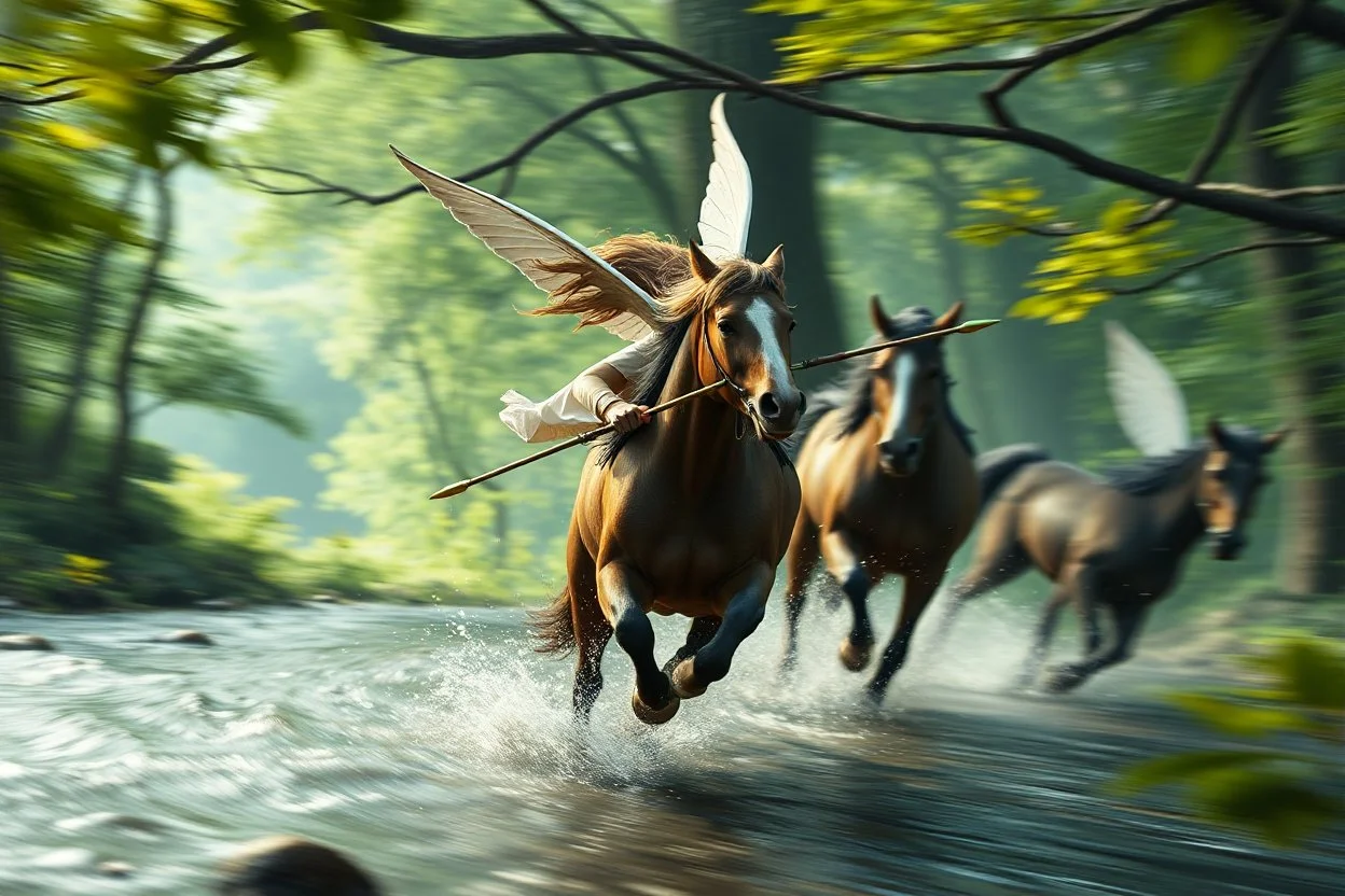 oil painting ,motion blur running caped long haired male angel pixie Quickling - Forgotten Realms dodging arrows above water and along winding branches in lush green forest holding arms around neck of speeding horses , bokeh like f/0.8, tilt-shift lens 8k, high detail, smooth render, down-light, unreal engine, prize winning