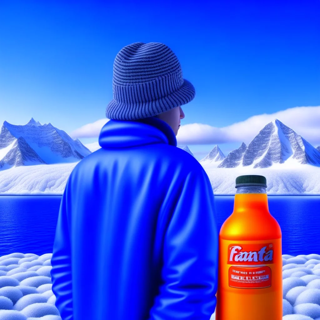 A juice producer wears FANTA a hat found in the place of nature in the Eskimo and in the back there are snowy icebergs HIGH DESIN IN . 8K . REALISTIC .HIGH RESLOLUTION...V4..AR 2.3