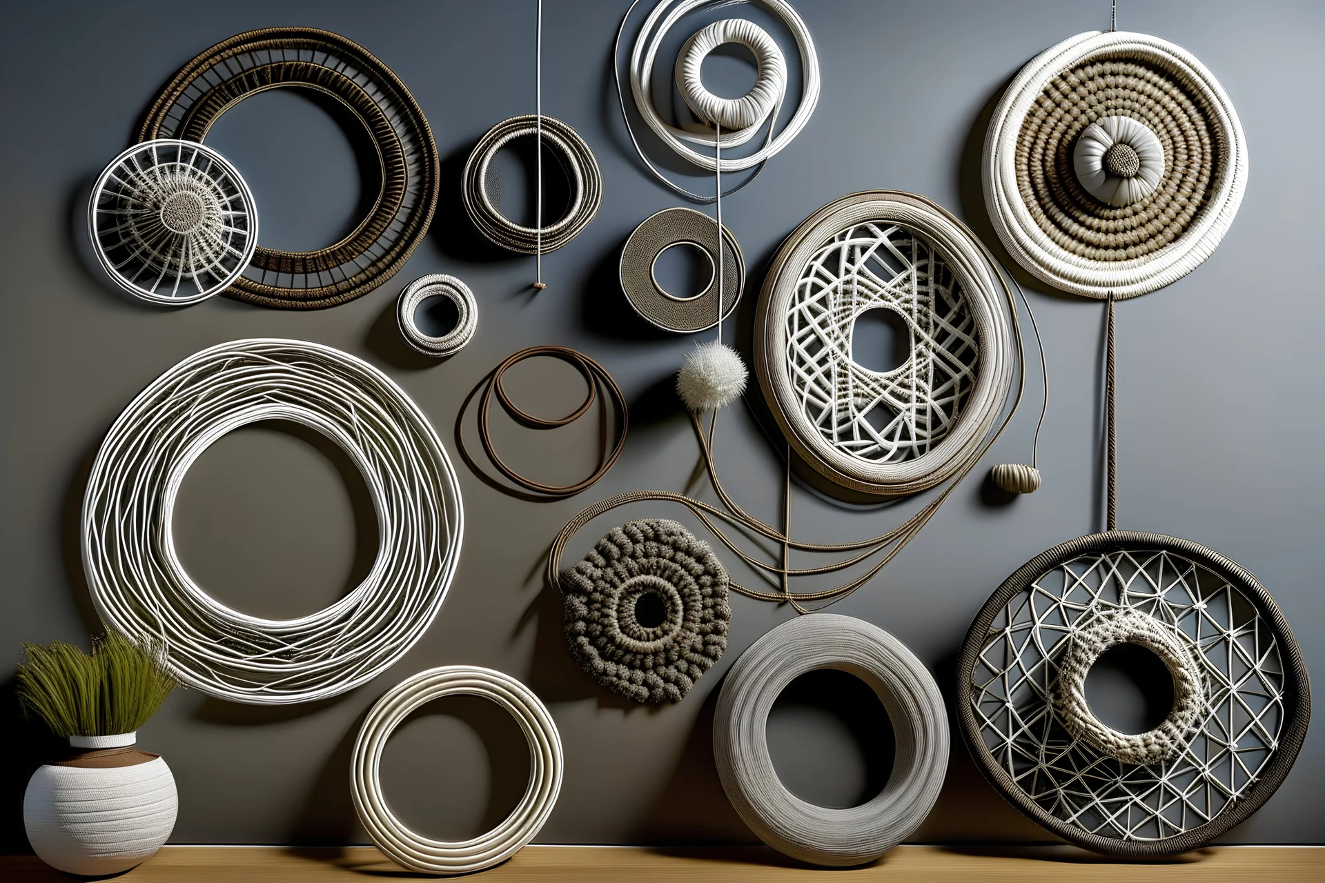 Geometric shapes created by macramé knots forming circular rings for a modern and dimensional wall installation.