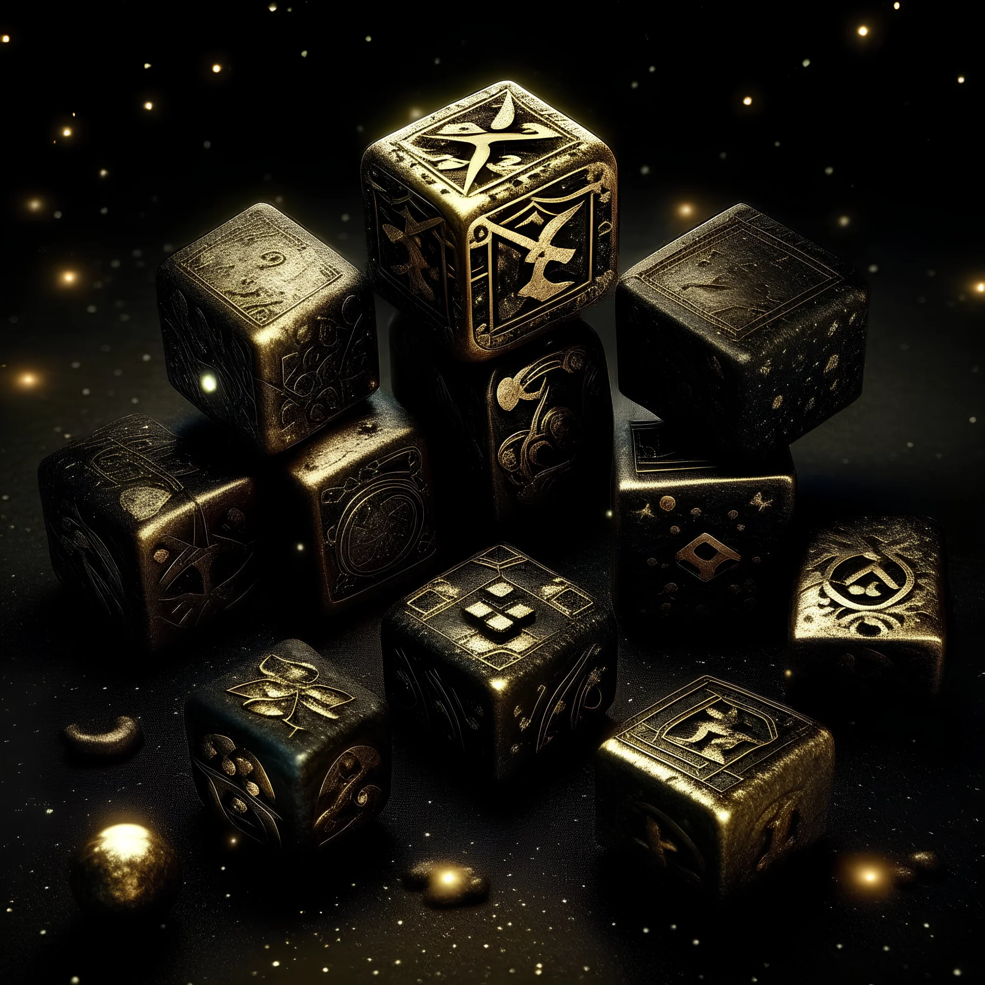 The symbol for the goddess of luck are two tumbling six sided dice covered in celestial runes. They are falling through space as if cast by an invisible hand