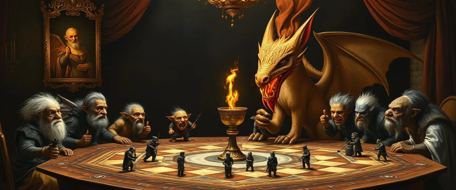 portrait painted by Rembrandt, stupid looking fire breathing dragon fox at banquet, big chalice, all pieces on a huge hexagonal board game with miniature trolls