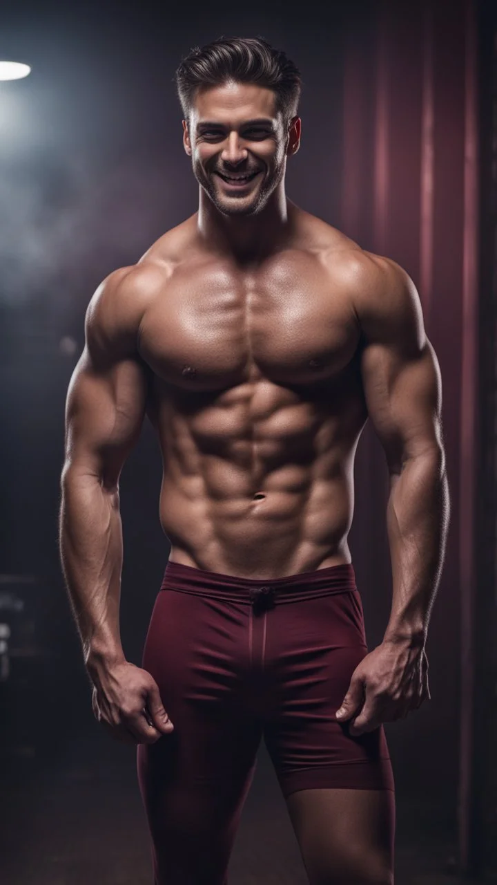 Hyper Realistic handsome muscular man in maroon-stripped-black-tank-top -&-tight-underwear giving ATTRACTIVE-SMILE in a dark gym full of maroon-fog at night showing dramatic & cinematic ambiance