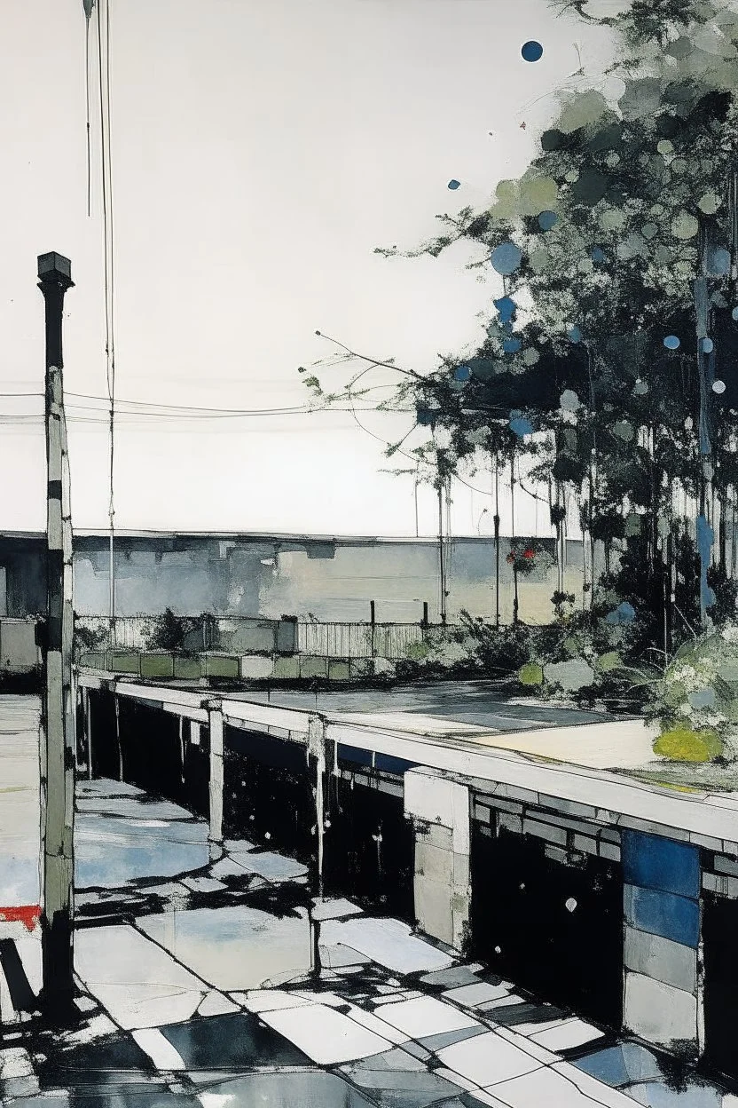 Empty Minimal contemporary abstract flat landscape painting. Concrete carpark. Big brushstrokes. Drips of paint. style of Justin Mortimer and Adrian Ghenie.