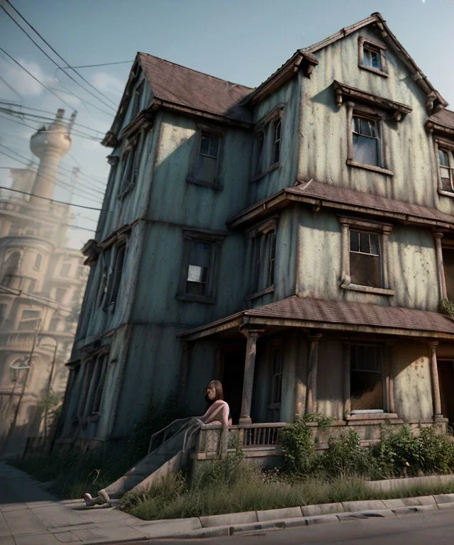 Realistic image, giant woman head inside a house, looks out through the open windows. people on the street are watching him, soft color, highly detailed, unreal engine 5, ray tracing, RTX, lumen lighting, ultra detail, volumetric lighting, 3d, finely drawn, high definition, high resolution.