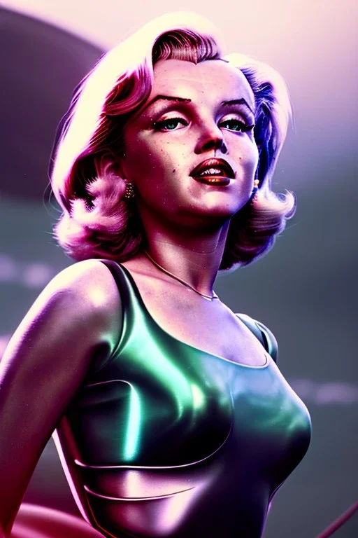 Ultra Realistic retro sci-fi 1960 scene, waist up view portrait, blonde woman, sweet young Marilyn Monroe face, perfect iris, tight latex coat, alien planet background, tight style, steel sphere dron levitating, fog, rain, soft color, highly detailed, unreal engine 5, ray tracing, RTX, lumen lighting, ultra detail, volumetric lighting, 3d, finely drawn, high definition, high resolution.