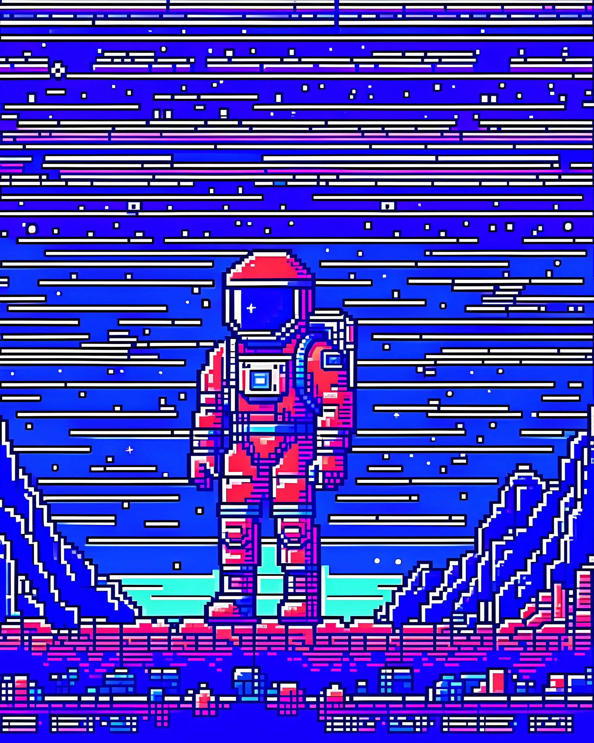 Astronaut in pixel art on a wild planet