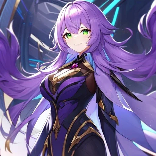 Clear focus,High resolution,High quality, Smiling, Purple long fluffy hair, Green eyes, Wearing a pink mech uniform, Honkai Impact Star Rail