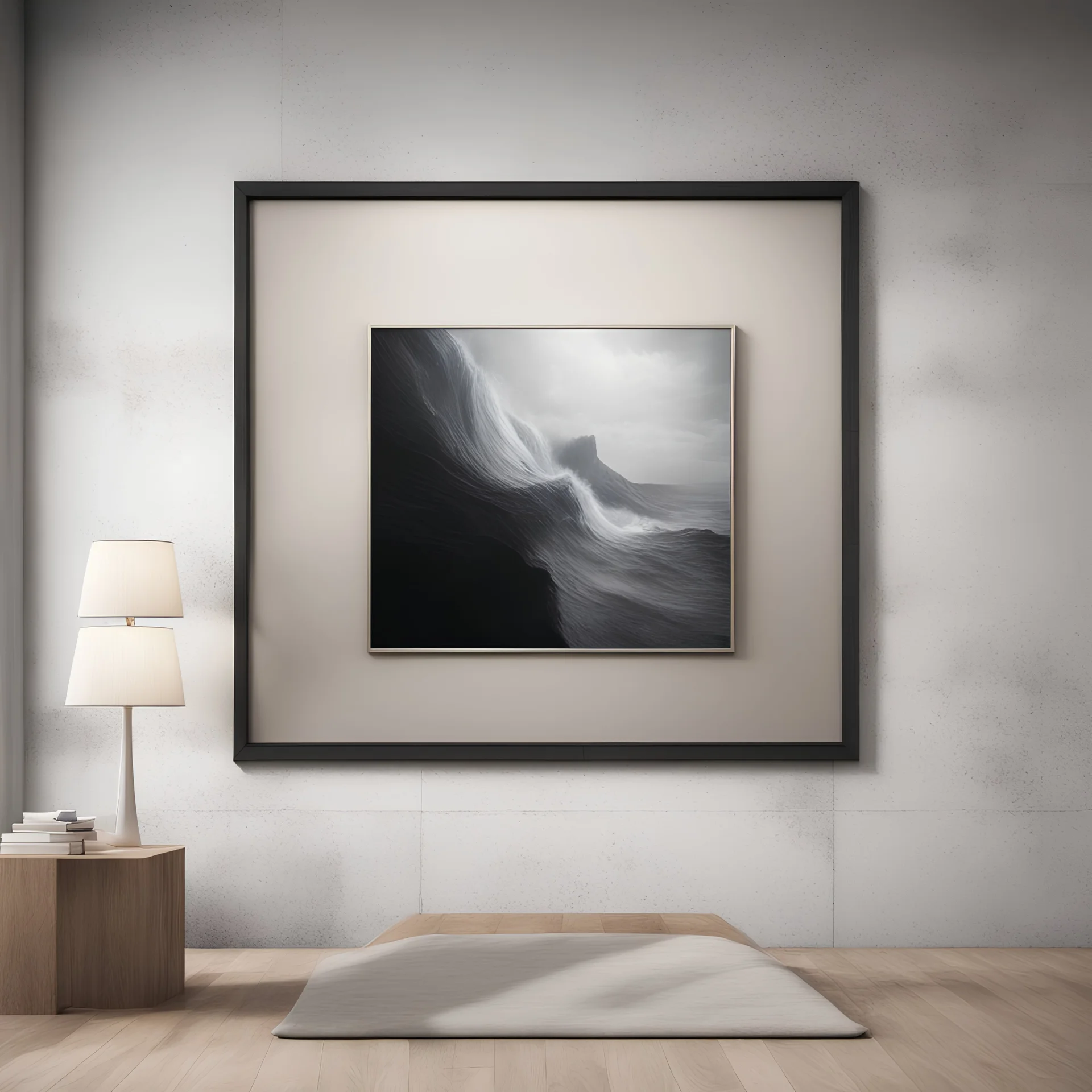 Create a highly detailed, photorealistic mockup of a large canvas displayed in a float frame, mounted on a wall in a modern art gallery. Capture the scene in 4k ultra-realistic quality, with a perspective view. Emphasize the interplay of natural toned light and shadows streaming through the gallery windows. The gallery should have a spacious feel with high ceilings, eroded concrete walls, and light grey floors.