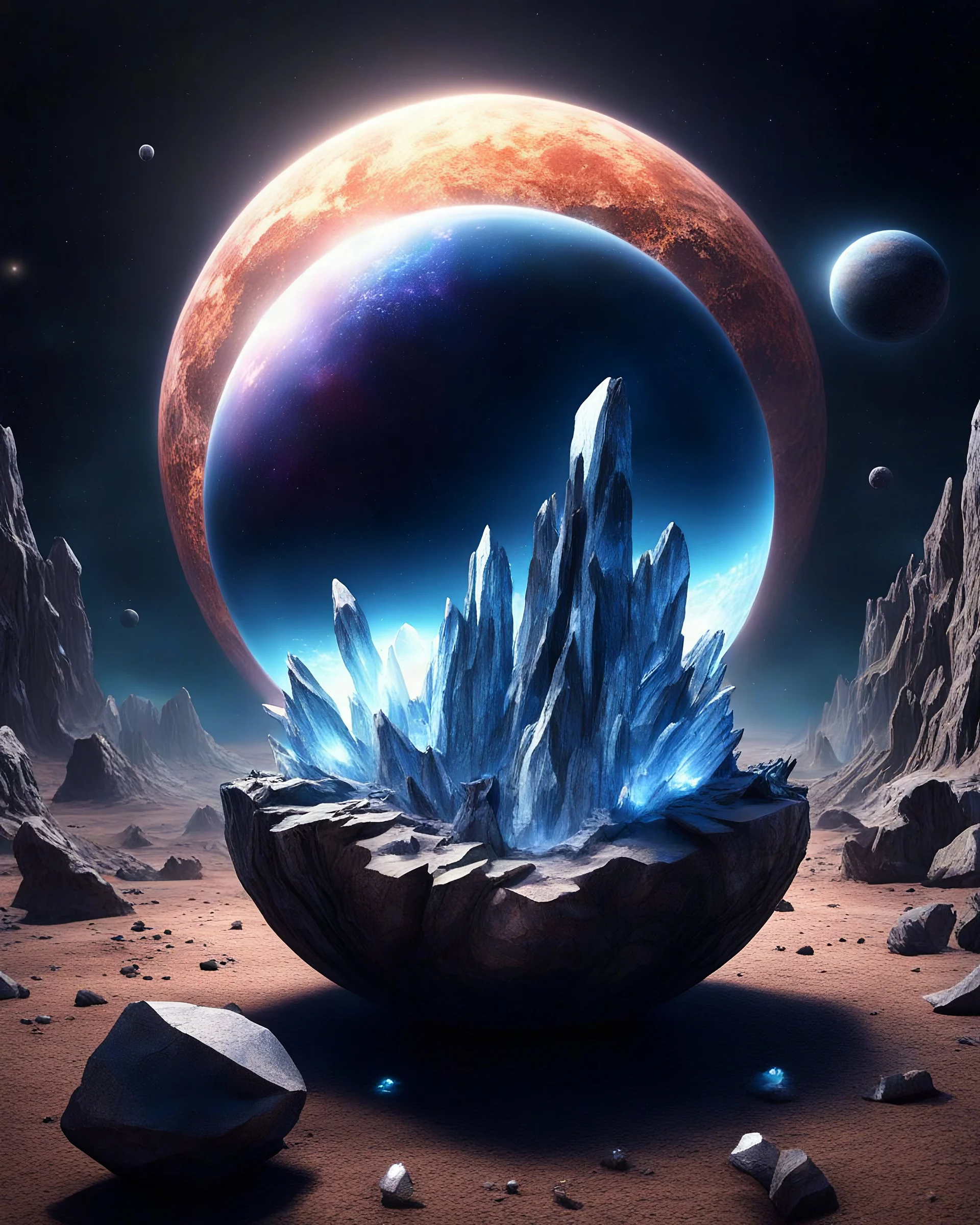 A photographic representation of a crystal planet full of sharp rock formations. Photorealistic image set in the future of a random planet from outer space. Give it its own personality and make it stand out from the rest. Space is fully of stars and asteroids and bright lights. Make the plant look busy and loved on.