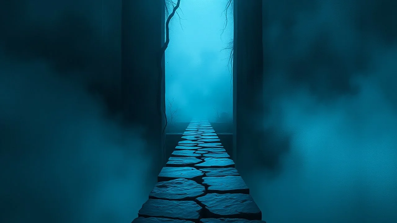 passage over nothingness, surreal, dark and cold abstract artwork dominated by deep blue, icy cyan, charcoal black and muted steel-grey tones. An narrow passageway emerges from an abstract distorted weird landscape, surrounded by thick fog and drifting mist. The space feels nightmare, alien and unsettling, with tiny floating circles and lines geometric forms, black onix column fragmented and unnatural perspectives. At the center of the composition cracked stone way over abyss