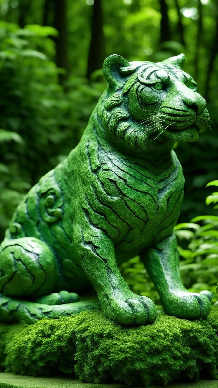 A green nature elemental tiger designed in Moai statues painted by Maurice Utrillo