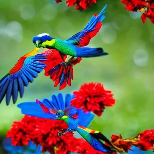 The embodiment of summer is a beautiful exotic birds fly, the face is beautiful, the atmosphere of the scene is uplifting and dynamic, Summer cinematic, the colors are green dark, red, orange and touches of blue