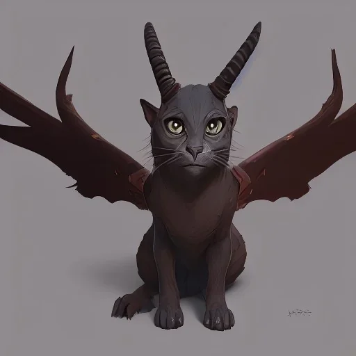 cat gargoyle with goat horns and wings on its back Nick Harris style