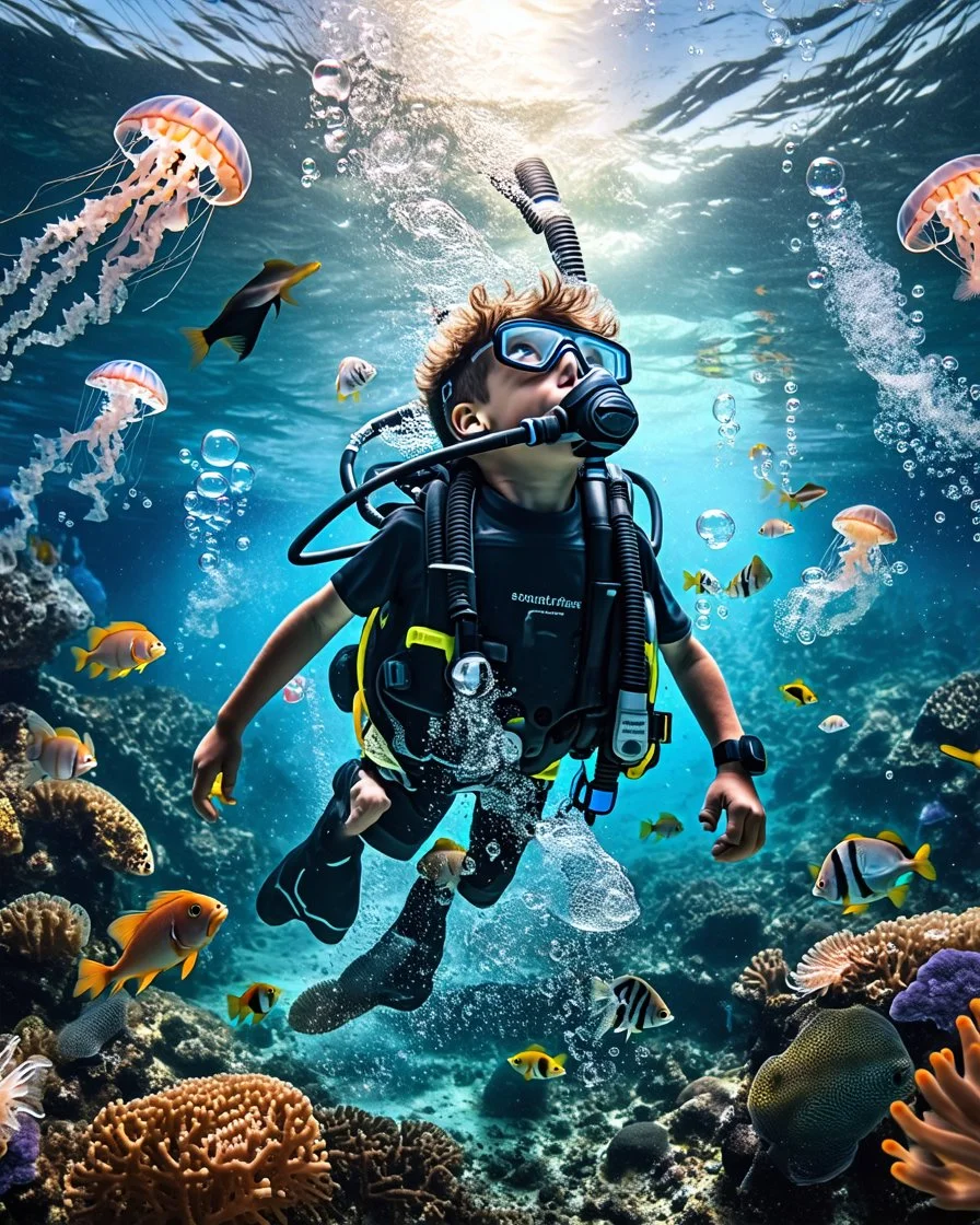 Make a image of a young boy wearing scuba gear, underwater with fish, jellyfish and bubbles. Low angle view looking up towards the surface of the Ocean, Photorealistic.