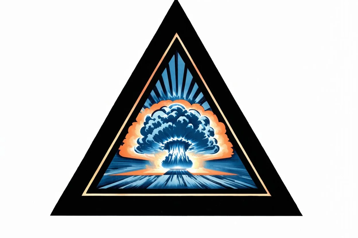 a nuclear explosion cloud, behind an orange glowing omega like shape, all inside an equilateral triangle like a doorway to a different world, radiant lines, 1960s commercial art