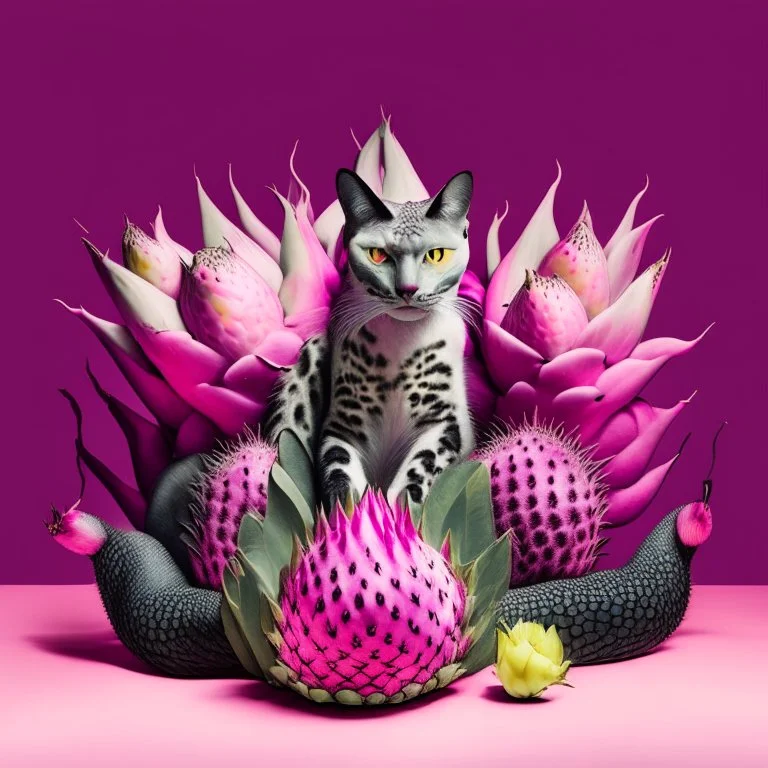 A cat surrounded by dragon fruits on a light background for removal