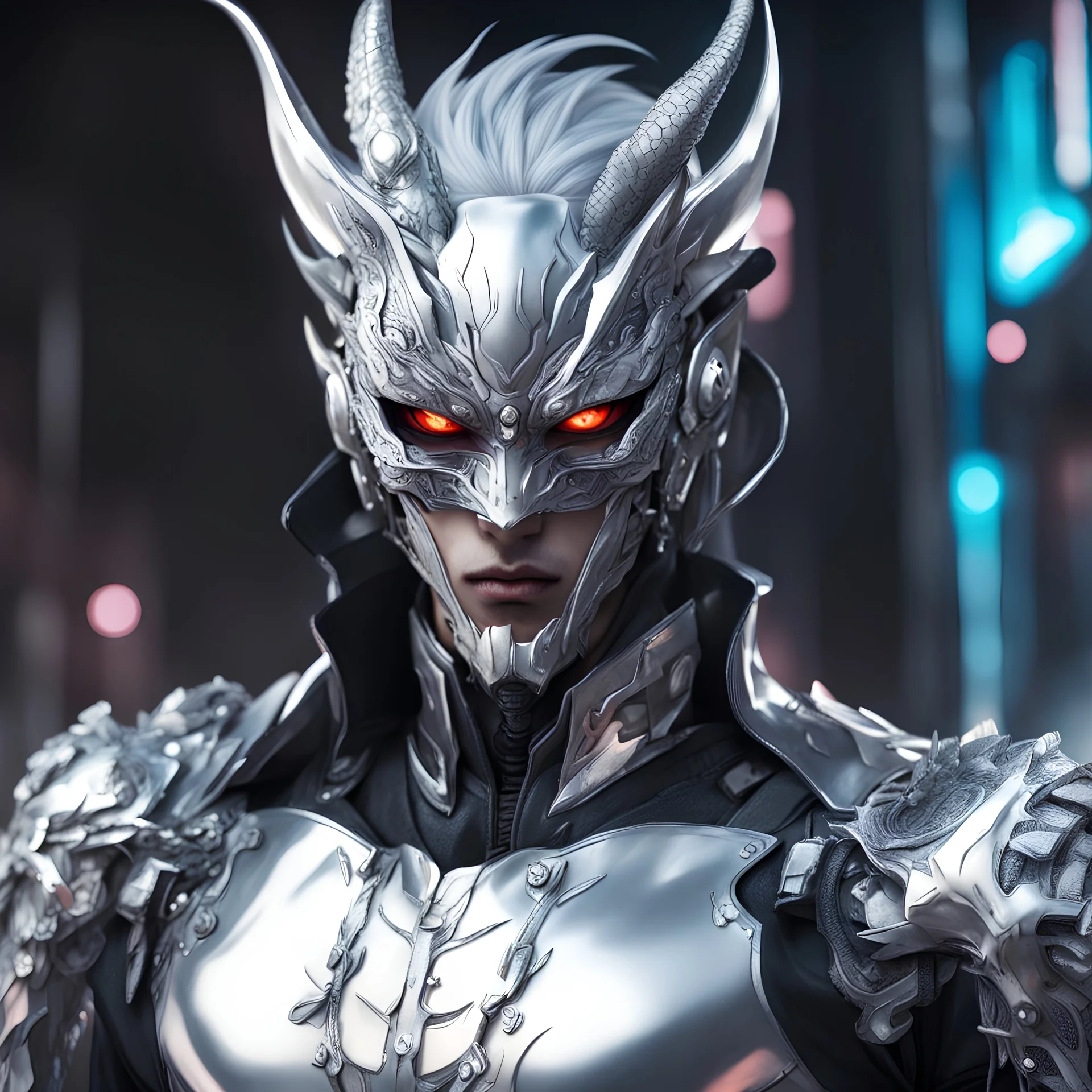 silver skinned anime Dragman cyberpunk with dragon mask in his eyes