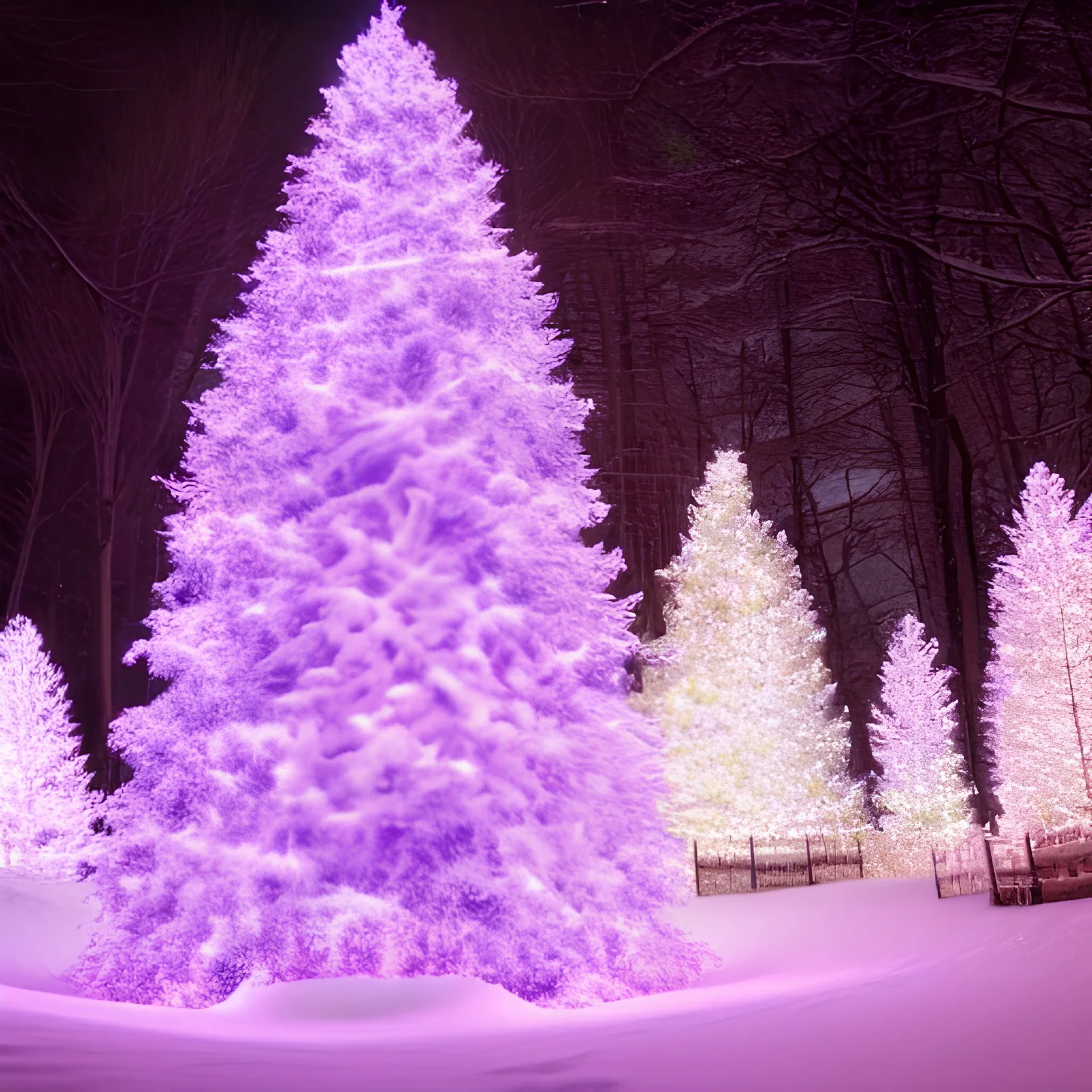  Giant christmas tree white and pink, whit many light in a forest at night