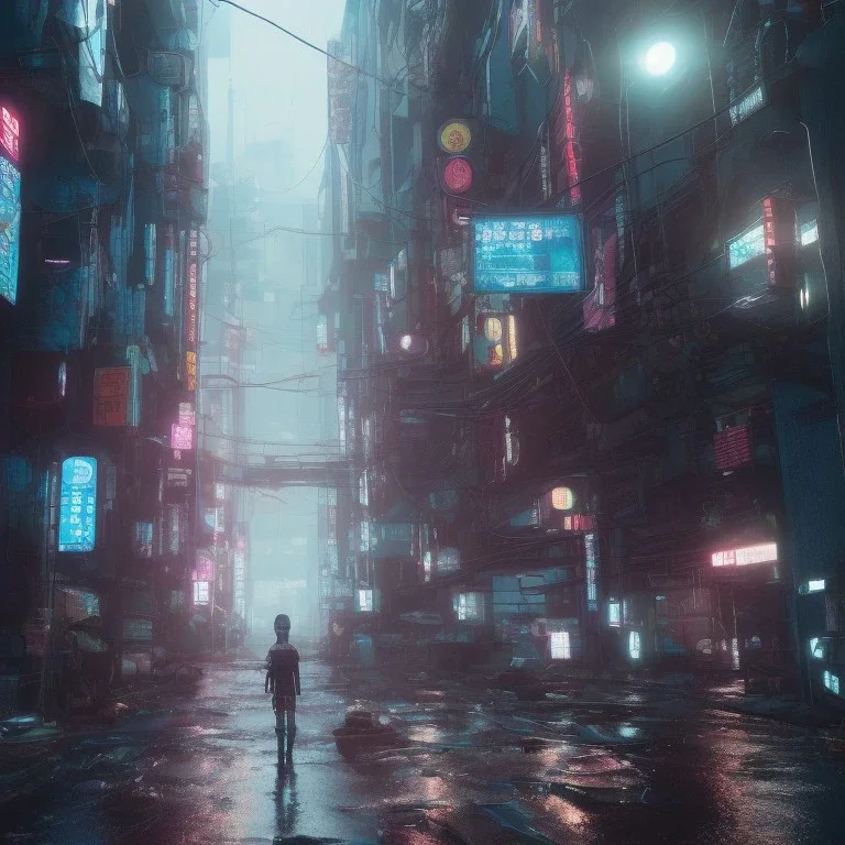 cyberpunk, tokyo, japan, children lost, rain, hyper realistic