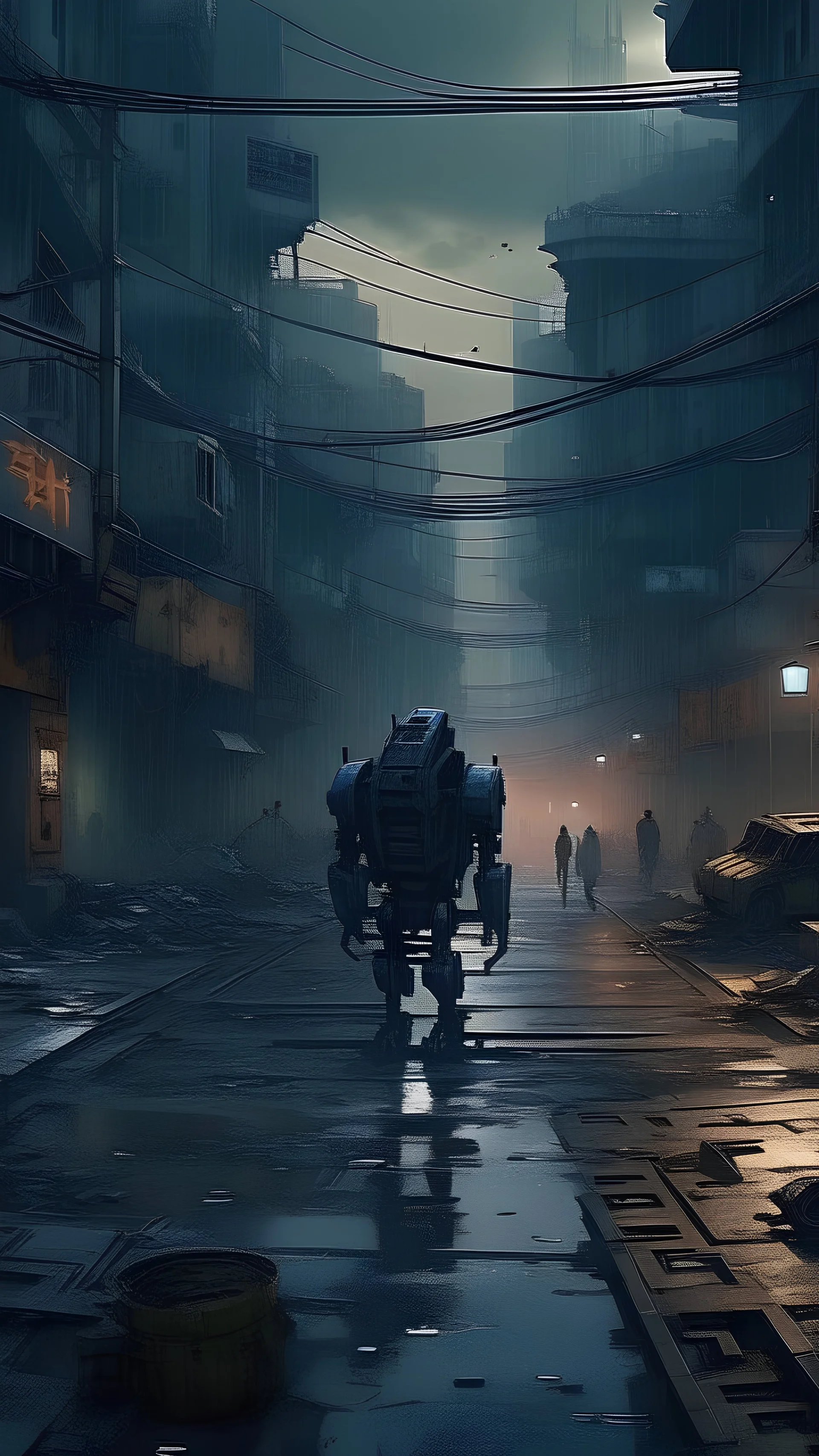 slums of a city, broken robots walking, scary, drone shot, cyberpunk, digital art, 4k