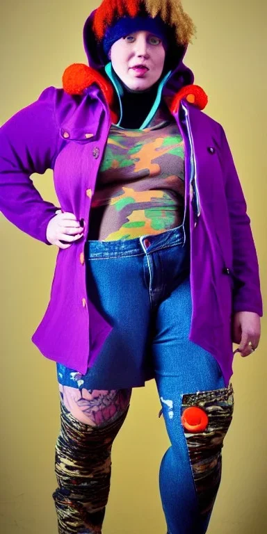 Bright-color-haired woman.thick thighs,thick calves,flat belly,curvy fell. big head. Mantle is sewed of upcycled Denim and sewed together of camouflage pieces. Pieces' color are orange, cream and purple. Cream latex gaiters.It is with big bright purple felt tippet and cream-colored-hood. mantle has a hood. Big AKG-style headphones (gold rings!) is merged with small felt cap with small visor. Style: Haute Couture in 1920's, N.Y.C fashion in 1996, inspired by street art.