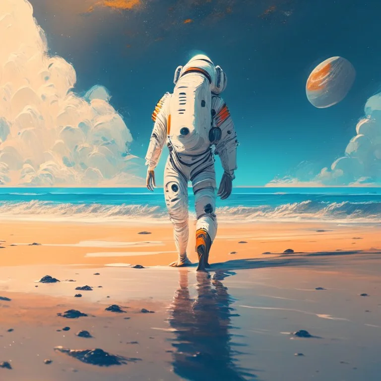 An astronaut walking on the beach of a beautiful sea, digital art, anime, 4k, full details