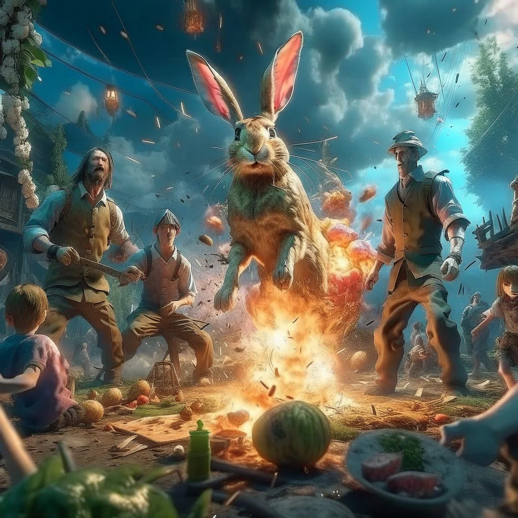 infernal portrait of chopped crazy scientist and army officer executing food inside grove with huge fluffy levitating yoga hare with nightmare mutations getting blasted by explosions, 4 k, down-light, soft light, depth of field, photo realism, trending on art station, high detail, spray paint