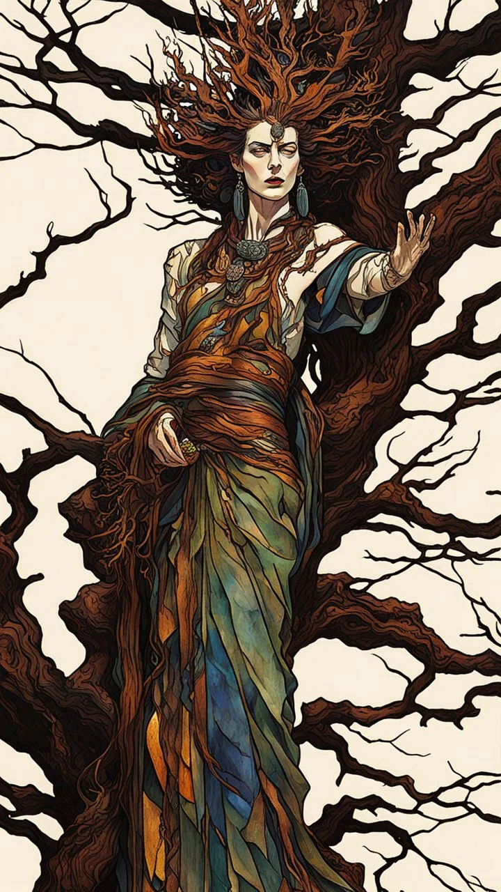 Egon Schiele, Abraham Rattner style abstract expressionist, full body comic book illustration of a pagan druid priestess, bristlecone pine sculpture , dark and dry branches, harmony, intricately detailed, highly detailed facial features, ethereal, otherworldly, the smell of the ancient essence of eternity in vibrant natural color